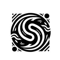 Abstract Monochrome Swirling, Sshaped Pattern with Bold Lines Enclosed in a Square with Dots. vector