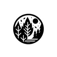 Circular black and white minimalist forest landscape illustration, featuring stylized trees, moon, and leaves within a circle, evoking nature. vector