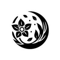 Elegant Black and White Floral Emblem A Symmetric Composition of a Blooming Flower, Leafy Elements, and Subtle Dots Enclosed Within a CrescentShaped Frame. vector
