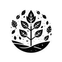 A stylized, monochrome illustration of a growing tree with scattered leaves within a circular, earthen outline, symbolizing nature. vector