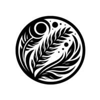 Monochromatic, circular, stylized botanical illustration with leaflike elements, celestial bodies moon, stars in a bold , evoking a sense of tranquility and natural harmony. vector