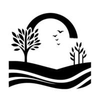 Minimalist Landscape Black silhouette of trees and rolling hills beneath an arching sun and flock of birds, isolated on a white background. vector