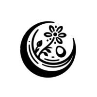 A stylized black and white illustration of a floral within a crescent moon, with small dots and a circular element. vector
