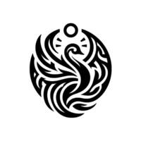 A stylized black swan , featuring an elegant swan silhouette surrounded by intricate tribalinspired lines and sunburst elements within a circular frame. vector