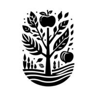 Stylized black and white illustration of a fruitful apple tree growing in an oval field, rendered in a minimalist . vector