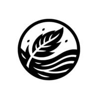Stylized Circular A Feather and Waves. A Black and White Minimalist Featuring A Leaf and Curving Lines. vector