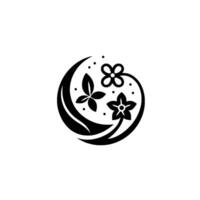Minimalist Black and White Floral Emblem A Stylized Crescent Moon Enclosing Flowers and Leaves. vector