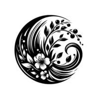 Intricate Black and White Floral Mandala A Symmetrical Featuring Blooming Flowers, Berries, and Flowing Lines within a Circular Composition. vector