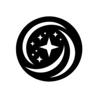 A stylized, black and white circular featuring a central fourpointed star surrounded by smaller stars and curved, moonlike elements within a dark circle. vector