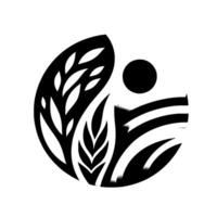 Abstract Monochrome Illustration Wheat and Fields in a Circular Composition, with Black and White Leaves, Geometric , and Solar Motif. vector