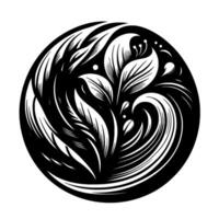 A stylized black and white circular featuring intricate floral elements, swirling lines, and a contrasting balance, suggesting elegance and harmony. vector