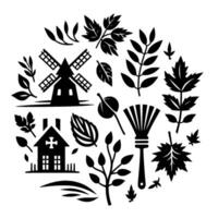 Black Silhouette with Windmill, House, Leaves, and Brush forming a circular, naturalthemed composition. vector