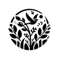 Elegant Black and White Illustration A Silhouette Bird in Flight, Surrounded by Lush Flora, Enclosed in a Circular Frame. vector