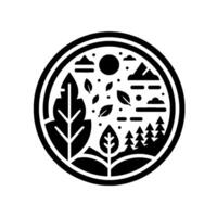Monochrome Nature Geometric circular with simplified leaves, trees, clouds, sun, and mountains, conveying natural beauty. vector