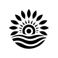 Stylized Black and White Illustration Sun Rising Over Wavy Water, Featuring LeafShaped Rays and Minimalist on a White Background. vector