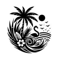 Black and white tropical themed circular illustration of a flamingo, palm tree, waves, and flora, evoking a sense of idyllic serenity. vector