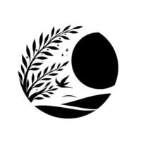 A minimalist black and white featuring a full moon, silhouette of a branch with leaves and berries, rolling hills, and stylized birds inside a circular frame. vector