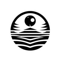 A minimalist black and white circular featuring a stylized eye above a mountain range and water, representing nature and perspective. vector