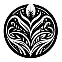 Intricate Black and White Circular Mandala Floral Symmetry with Leafy Elements, Dots, and Bold Lines on a White Background. vector