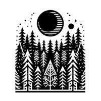 A stylized black and white forest illustration featuring a crescent moon, stars, and various pine trees, creating a minimalist and serene night scene. vector