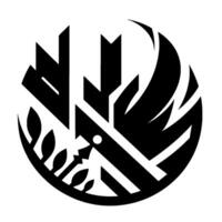 Geometric Abstract Black and White Circle Emblem Featuring Wing, Leaf, and Tree Motifs in Bold Lines. vector