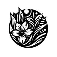 Intricate Black and White Floral Mandala with Leafy Elements and Celestial Accents, Contained Within a Circular Frame. vector