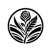 A minimalist, geometric floral emblem featuring a stylized rose and foliage encased in a circular border, emphasizing symmetry and organic forms. vector