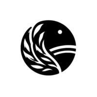 A minimalist black and white depicting a circular with stylized wheat, a small sun, and layered landscape elements evoking calm and organic themes. vector
