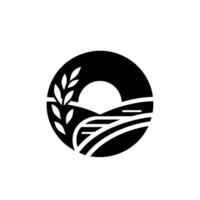 A stylized, minimalist depicting a sunset over agricultural fields, enclosed within a black circle and accented with wheat. vector
