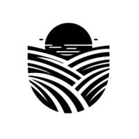 Minimalist black and white illustration of a sun setting over stylized rolling fields, creating a symmetrical, enclosed composition. vector