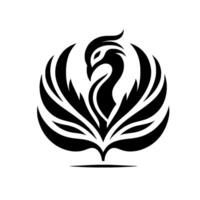 A stylized, symmetrical black and white emblem of a phoenix, radiating outwards, emphasizing elegance and rebirth on a white background. vector