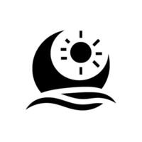 Black and white minimalist depicting the sun encircled by a crescent moon, above stylized waves, evoking cyclical time. vector