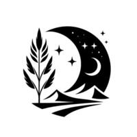 A Minimalist Black and White Celestial Scene A Crescent Moon, Stars, Mountains, and a Stylized Tree Silhouetted Against a White Background. vector