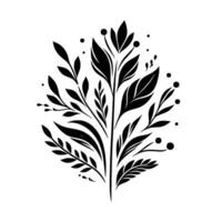 A symmetrical, stylized black floral illustration on a white backdrop, featuring various leaf shapes and dotted accents evoking a sense of elegance. vector