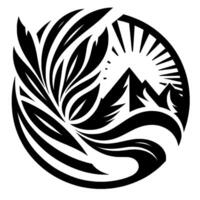 Black and White Tribal Illustration Mountains, Sun, Foliage in a Circular , Symbolic of Nature and Harmony. vector