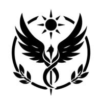 A stylized black and white emblem featuring a phoenix with outstretched wings, encircled by laurel leaves and a halo of sun rays, symbolizing strength and rebirth. vector