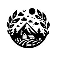 A minimalist black and white illustration of a tranquil mountain scene framed within a circular , featuring a cabin, fields, trees, birds, clouds, and sun, with leaf branches bordering the image vector