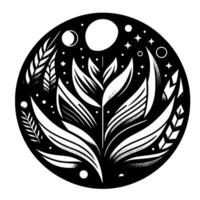 Elegant black and white circular , featuring stylized botanical elements, celestial bodies, and a modern minimalist style. vector