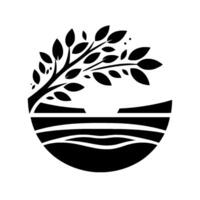 A minimalist black and white depicting a stylized tree branch over a layered landscape, enclosed within a semicircular form, evoking nature and serenity. vector