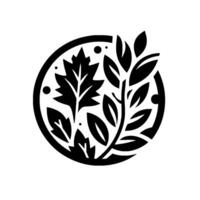 Black and white botanical featuring diverse leaf shapes, circular composition with minimalist aesthetic. vector