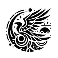 A stylized black eagle silhouette within a circular frame, adorned with celestial elements like stars and crescent moons. vector