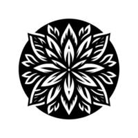 A symmetrical, monochromatic, floral mandala , featuring stylized leaves and pointed petals arranged within a circular frame, evoking balance. vector