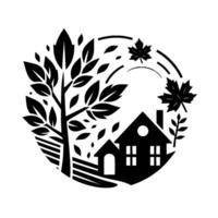 illustration of a cozy home nestled in a serene autumnal landscape, enclosed within a circular frame featuring a tree and leaves. vector