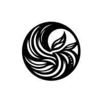 Abstract black and white botanical emblem of swirling lines and leaf forms within a circle, minimalist . vector