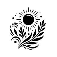 A stylized black and white composition featuring a radiant sun encircled by leafy botanical elements, creating a harmonious balance. vector
