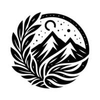 Serene Black and White Round Illustration of Mountain Peaks Under a Crescent Moon, Surrounded by Leafy Embellishments in Minimalist Style vector