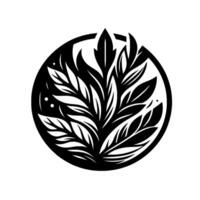 Black and white circular minimalist featuring stylized leaves and organic forms, resembling a floral emblem or nature symbol. vector