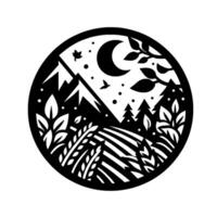 Intricate Black and White Circular Illustration of a Tranquil Night Landscape featuring Mountains, Moon, Trees, Fields, and Birds vector
