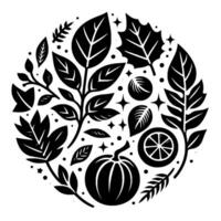 Circular Black and White Botanical Composition featuring Pumpkin, Leaves, Citrus, and Star Accents, a stylized depiction of autumn. vector