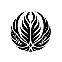 A symmetrical, abstract of stylized black leaves arranged in a circular pattern on a stark white background, evoking a sense of organic elegance. vector